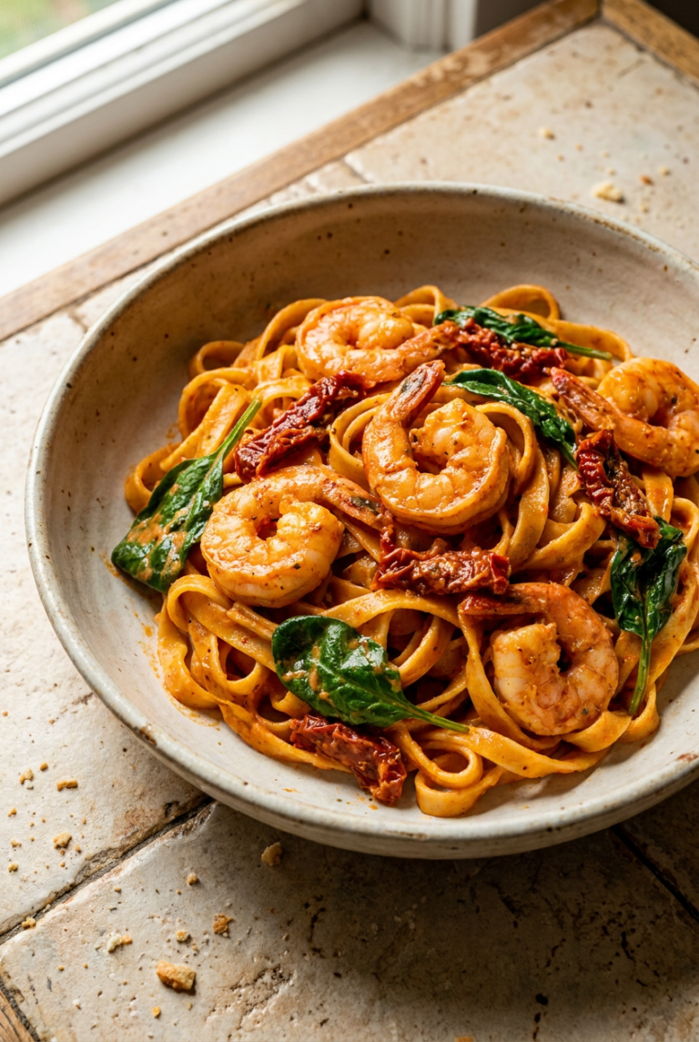 creamy tuscan shrimp pasta recipe - Creamy Tuscan Shrimp Pasta served in a white bowl overhead view