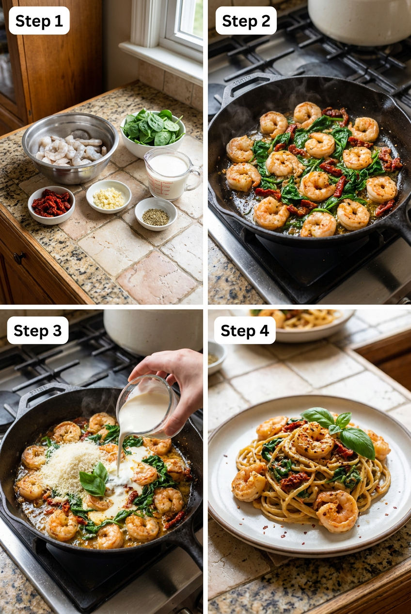 how to make Creamy Tuscan Shrimp Pasta step by step