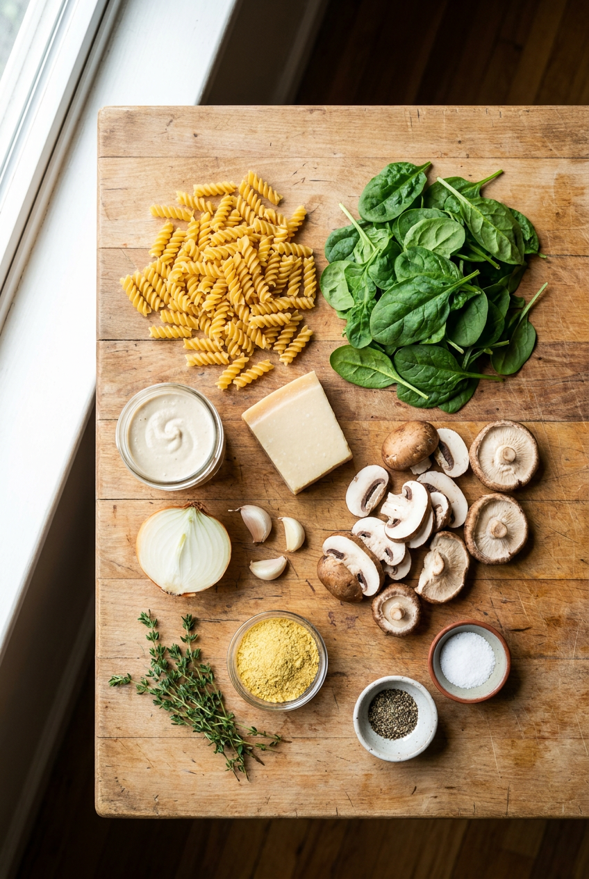 ingredients for Creamy Vegan Mushroom & Spinach Pasta