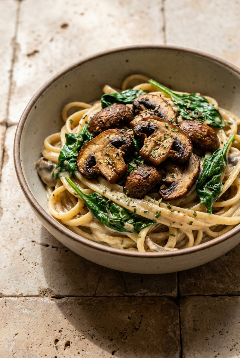 creamy vegan mushroom & spinach pasta recipe - Creamy Vegan Mushroom & Spinach Pasta served in a white bowl overhead view