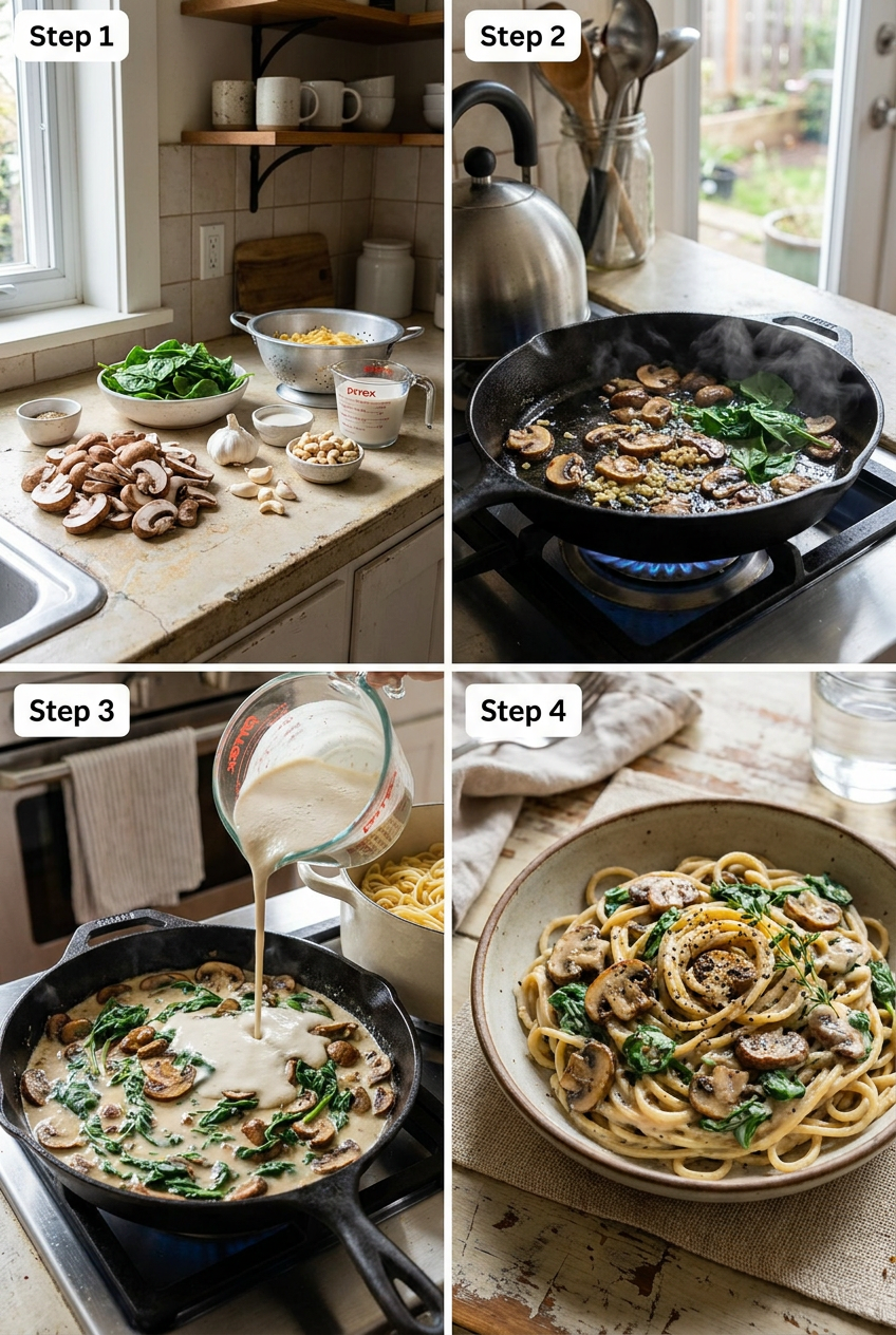 how to make Creamy Vegan Mushroom & Spinach Pasta step by step