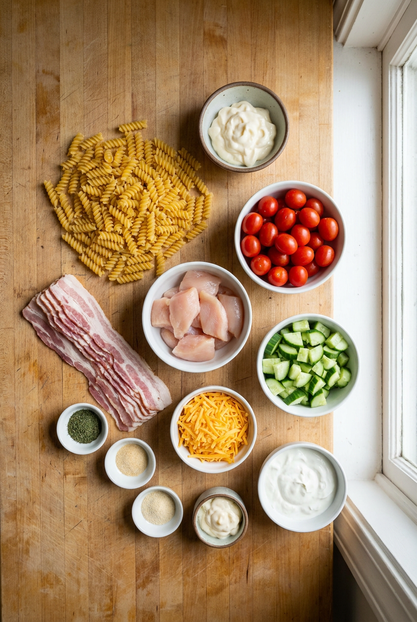 ingredients for Crispy Bacon Ranch Pasta Salad