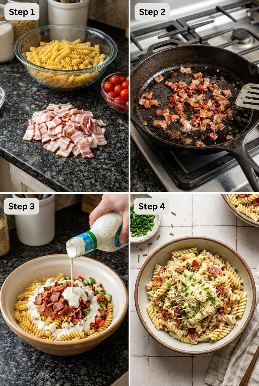 how to make Crispy Bacon Ranch Pasta Salad step by step