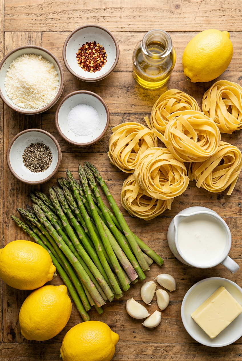 ingredients for Fresh Pasta with Lemon Garlic Cream Sauce and Roasted Asparagus