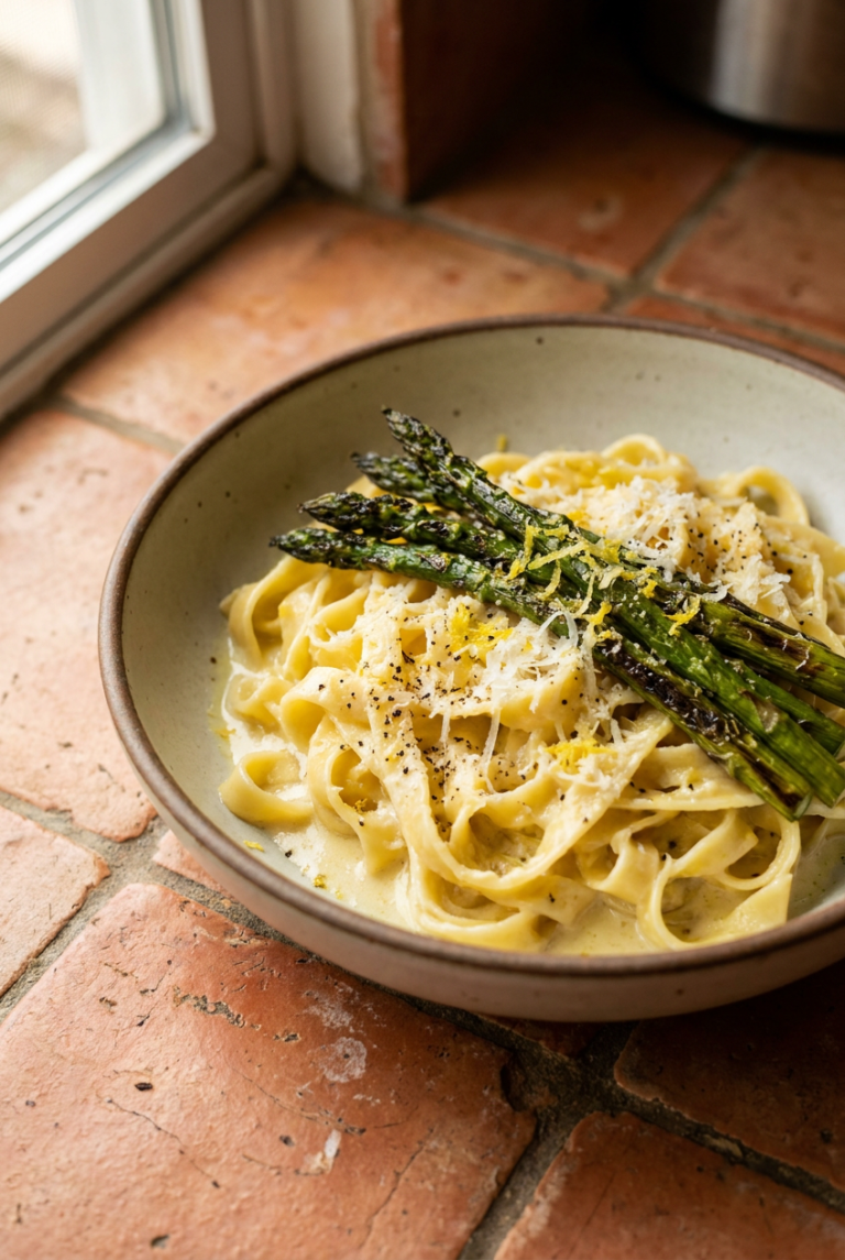fresh pasta with lemon garlic cream sauce and roasted asparagus recipe - Fresh Pasta with Lemon Garlic Cream Sauce and Roasted Asparagus served in a white bowl overhead view