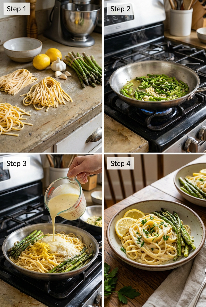 how to make Fresh Pasta with Lemon Garlic Cream Sauce and Roasted Asparagus step by step
