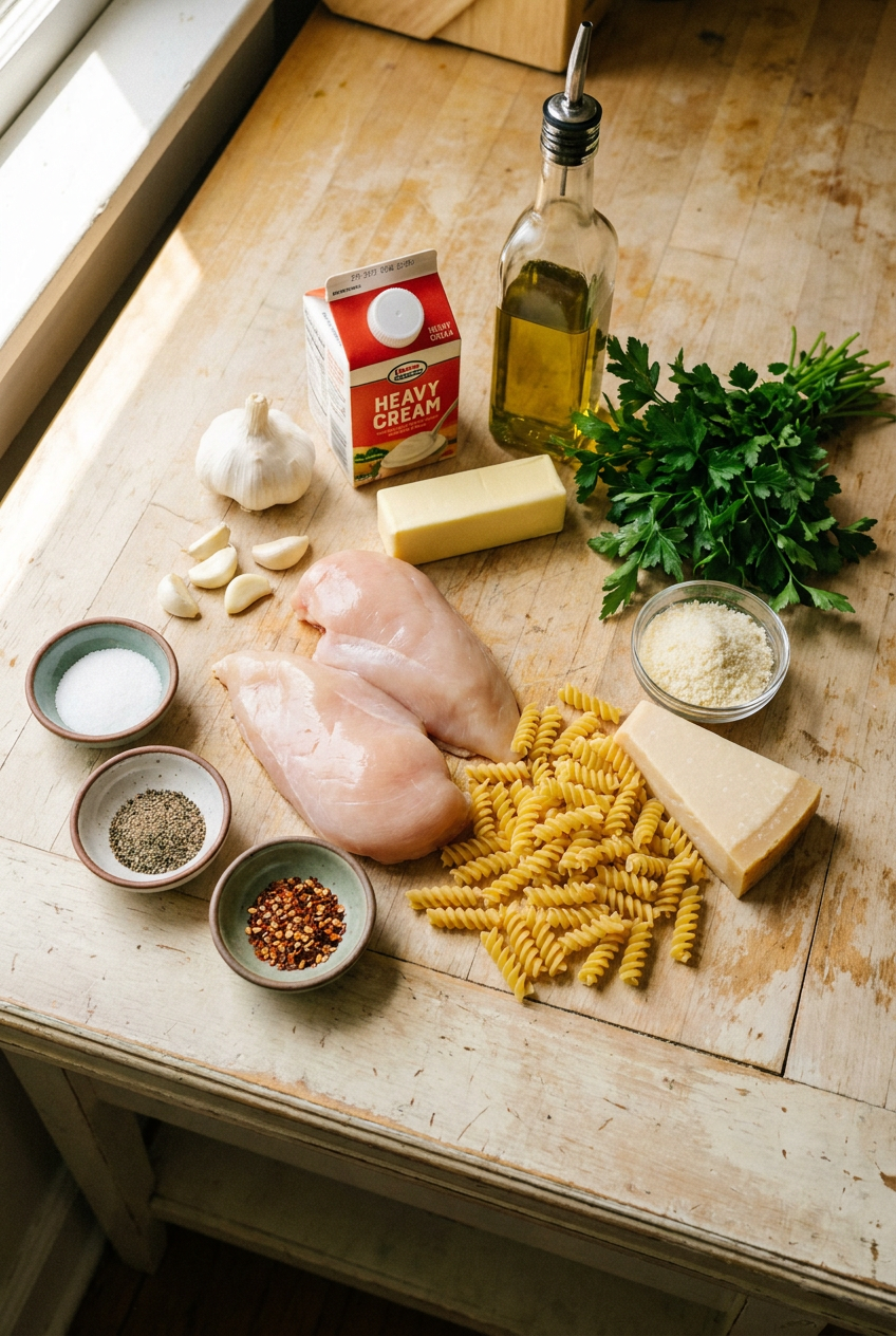 ingredients for Garlic Parmesan Chicken Pasta