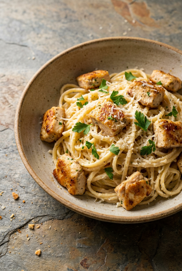 garlic parmesan chicken pasta recipe - Garlic Parmesan Chicken Pasta served in a white bowl overhead view