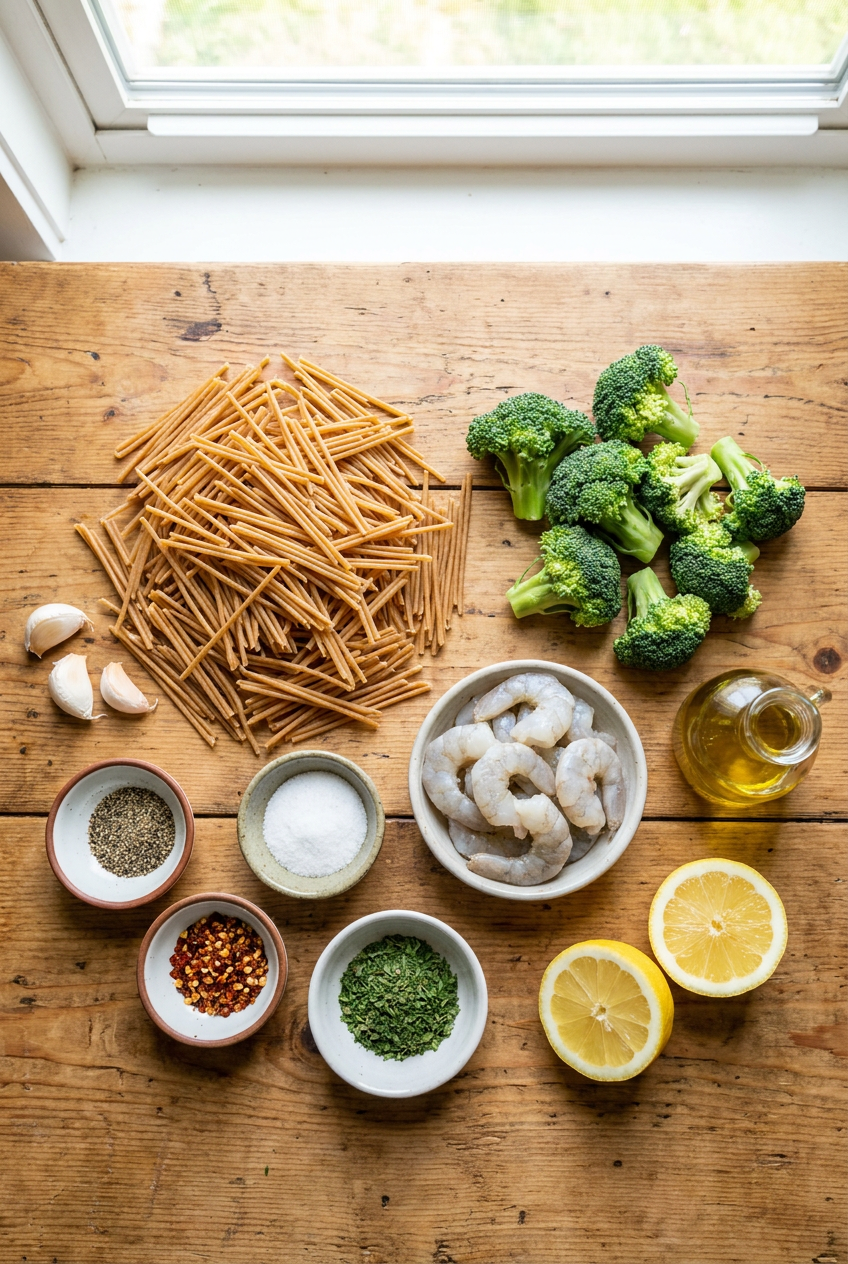 ingredients for Garlic Shrimp & Broccoli Whole Wheat Pasta