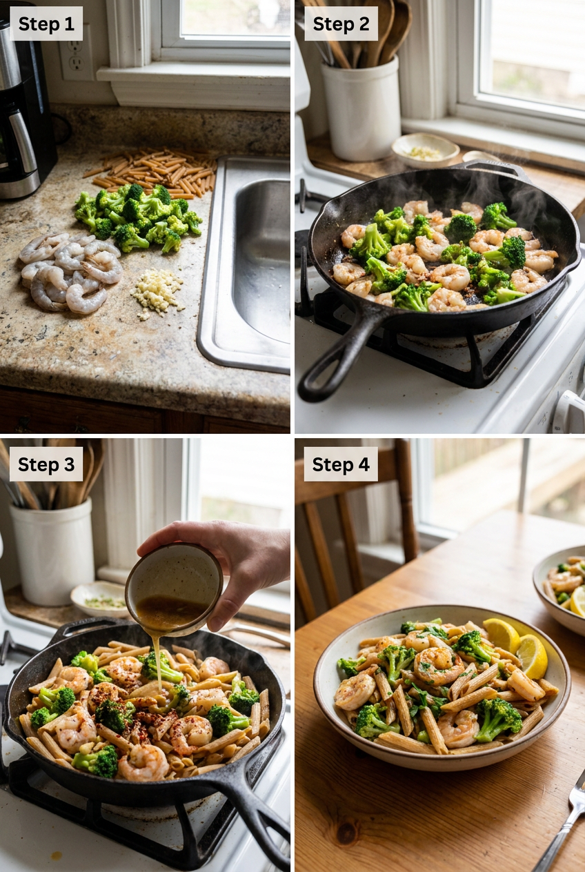 how to make Garlic Shrimp & Broccoli Whole Wheat Pasta step by step