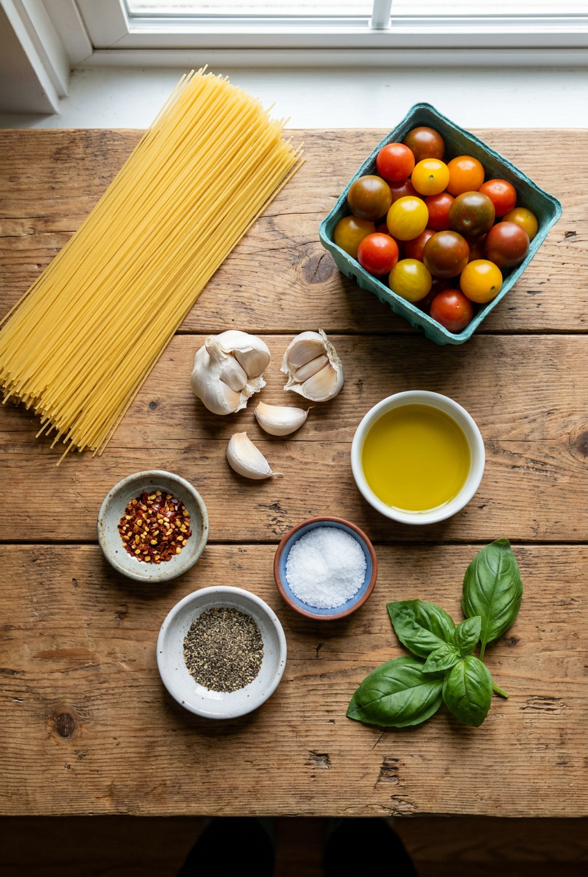 ingredients for Garlicky Angel Hair Pasta with Burst Cherry Tomatoes