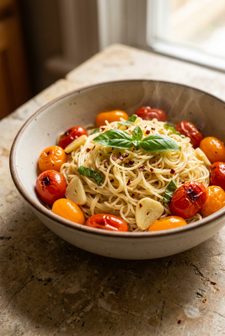 garlicky angel hair pasta with burst cherry tomatoes recipe - Garlicky Angel Hair Pasta with Burst Cherry Tomatoes served in a white bowl overhead view