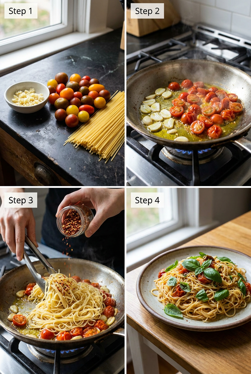 how to make Garlicky Angel Hair Pasta with Burst Cherry Tomatoes step by step