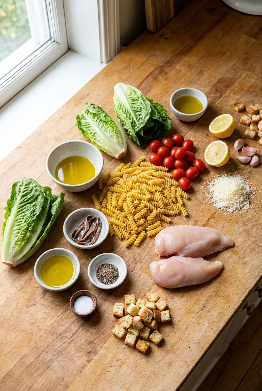 ingredients for Grilled Chicken Caesar Pasta Salad