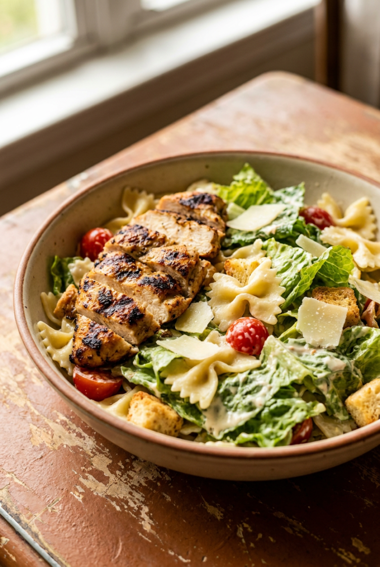 grilled chicken caesar pasta salad recipe - Grilled Chicken Caesar Pasta Salad served in a white bowl overhead view