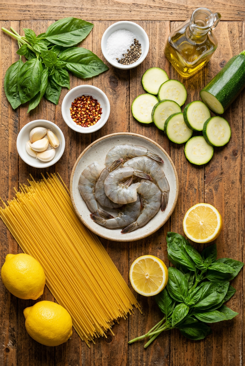 ingredients for Grilled Shrimp and Zucchini Lemon Basil Pasta