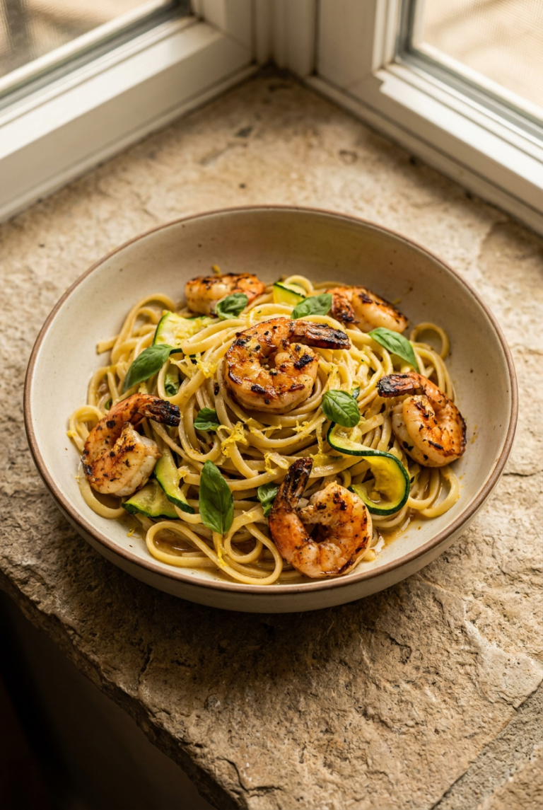 grilled shrimp and zucchini lemon basil pasta recipe - Grilled Shrimp and Zucchini Lemon Basil Pasta served in a white bowl overhead view