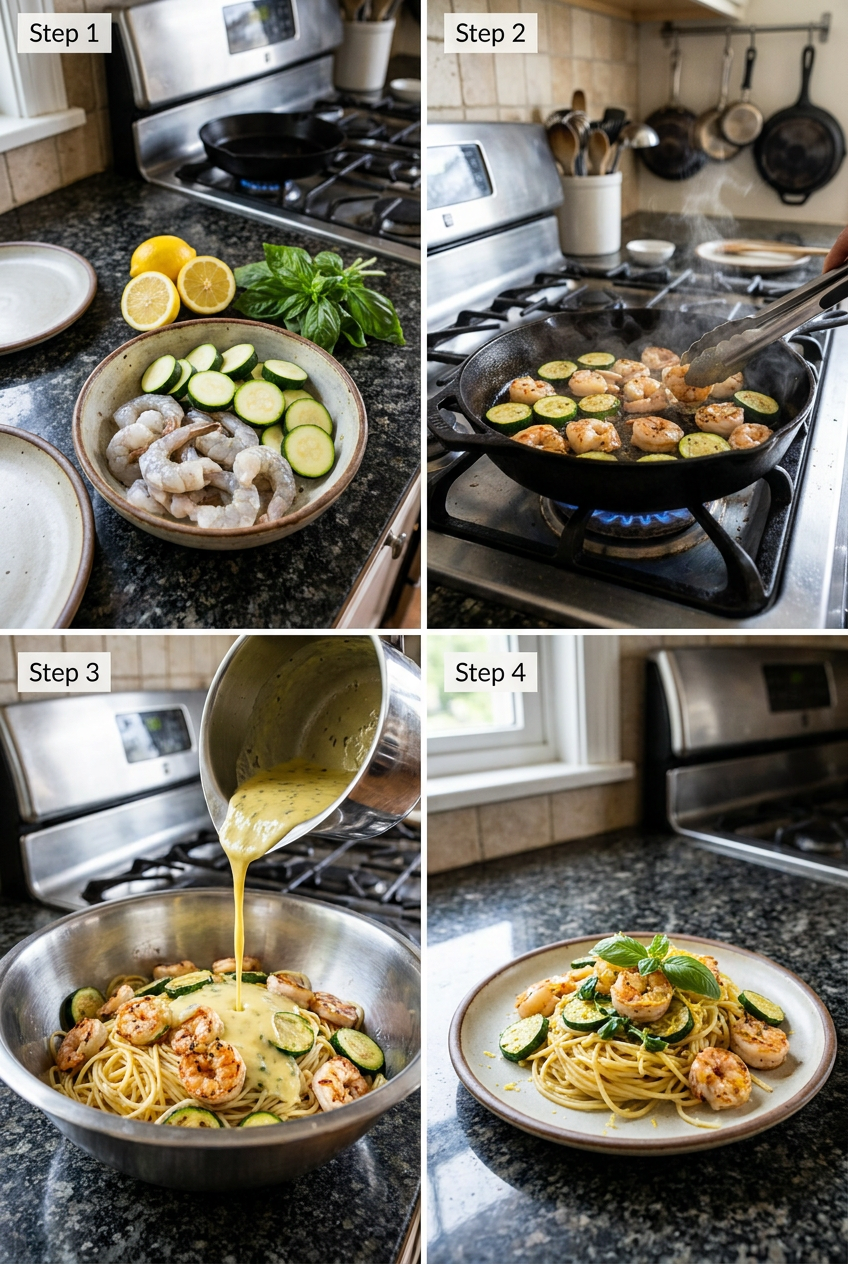 how to make Grilled Shrimp and Zucchini Lemon Basil Pasta step by step