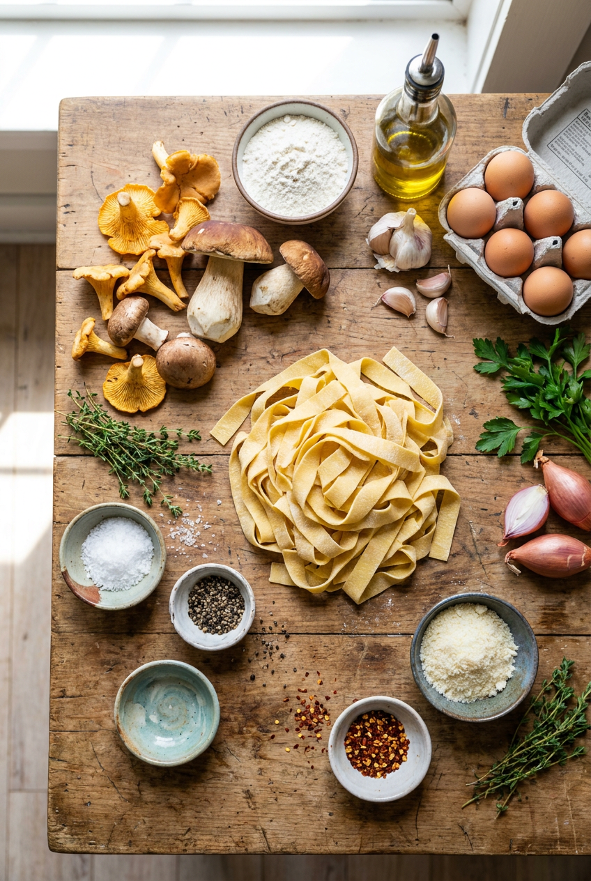 ingredients for Homemade Pappardelle with Wild Mushroom Ragù