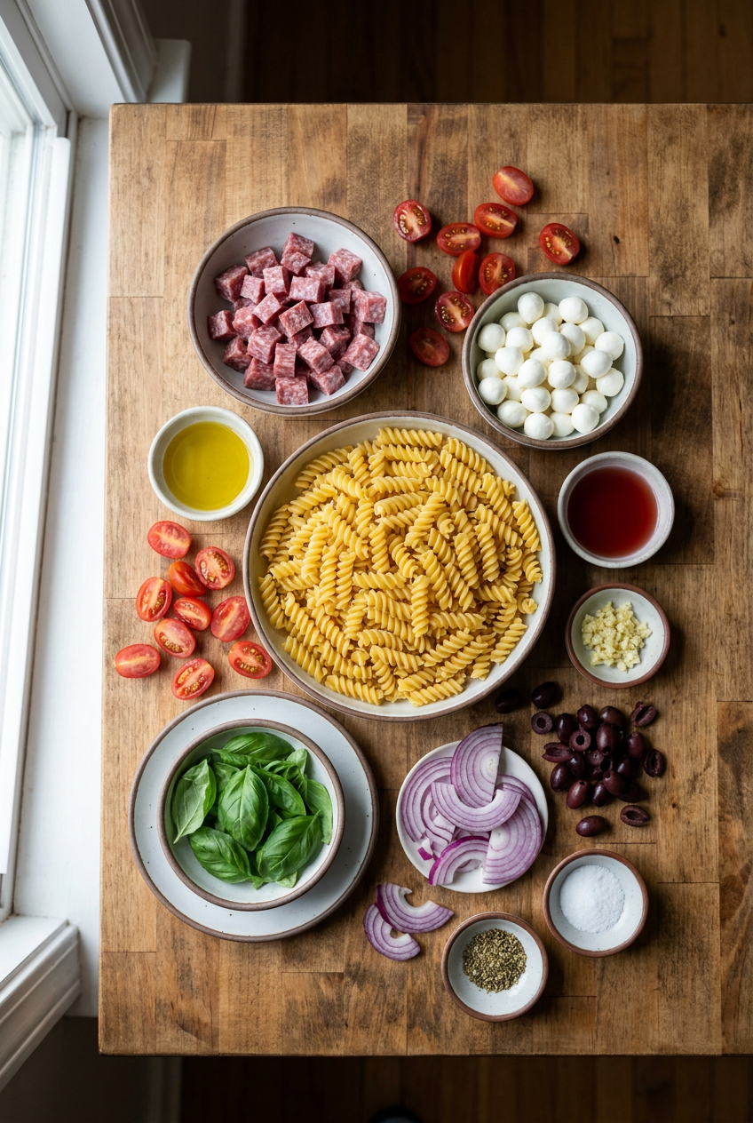 ingredients for Italian Summer Pasta Salad with Salami, Mozzarella, and Fresh Basil Vinaigrette
