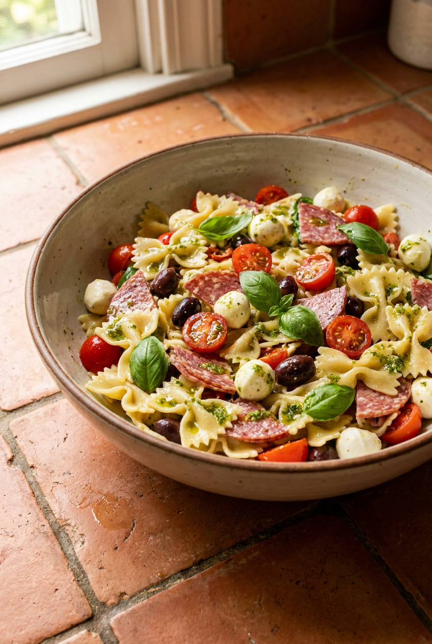 italian summer pasta salad with salami, mozzarella, and fresh basil vinaigrette recipe - Italian Summer Pasta Salad with Salami, Mozzarella, and Fresh Basil Vinaigrette served in a white bowl overhead view