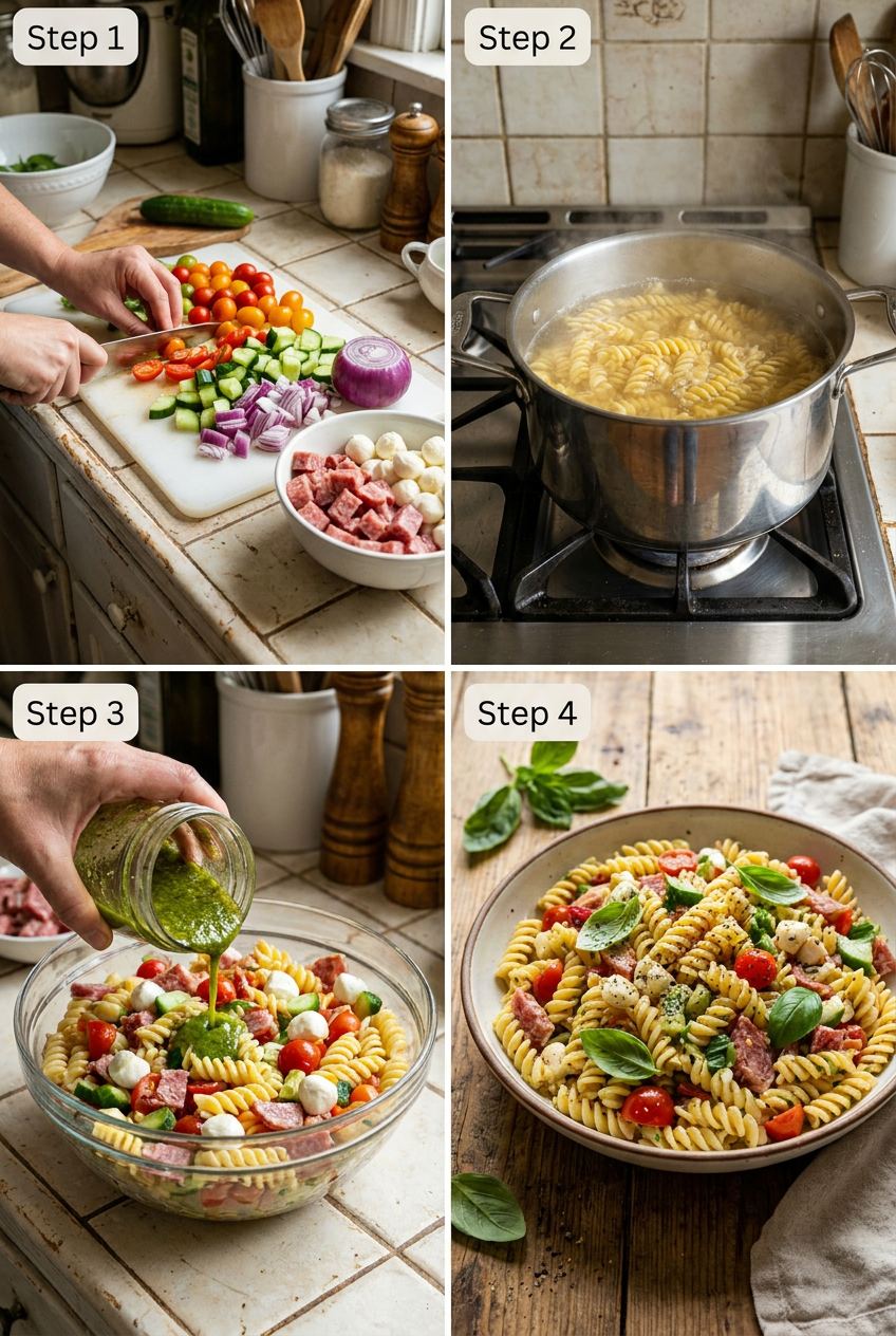how to make Italian Summer Pasta Salad with Salami, Mozzarella, and Fresh Basil Vinaigrette step by step