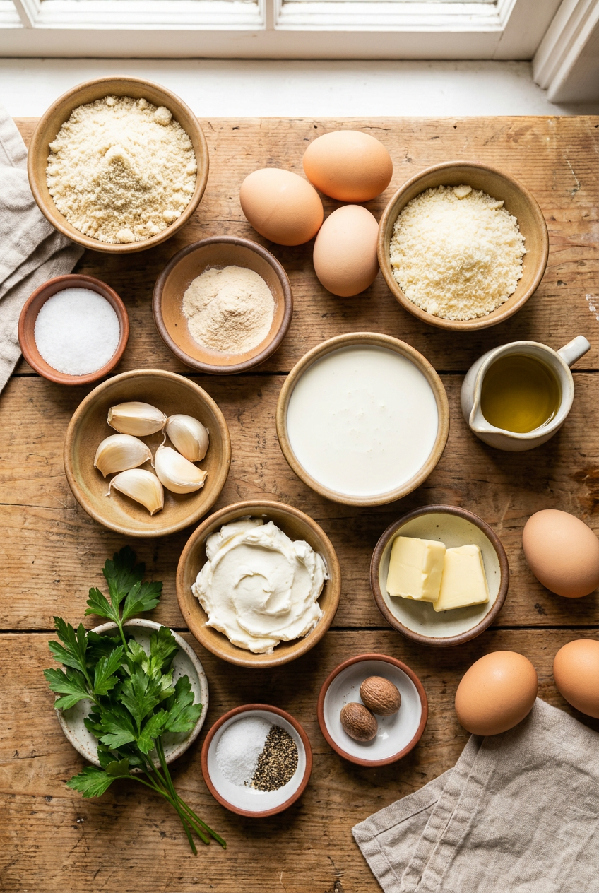 ingredients for Keto Fettuccine Alfredo with Homemade Almond Flour Pasta