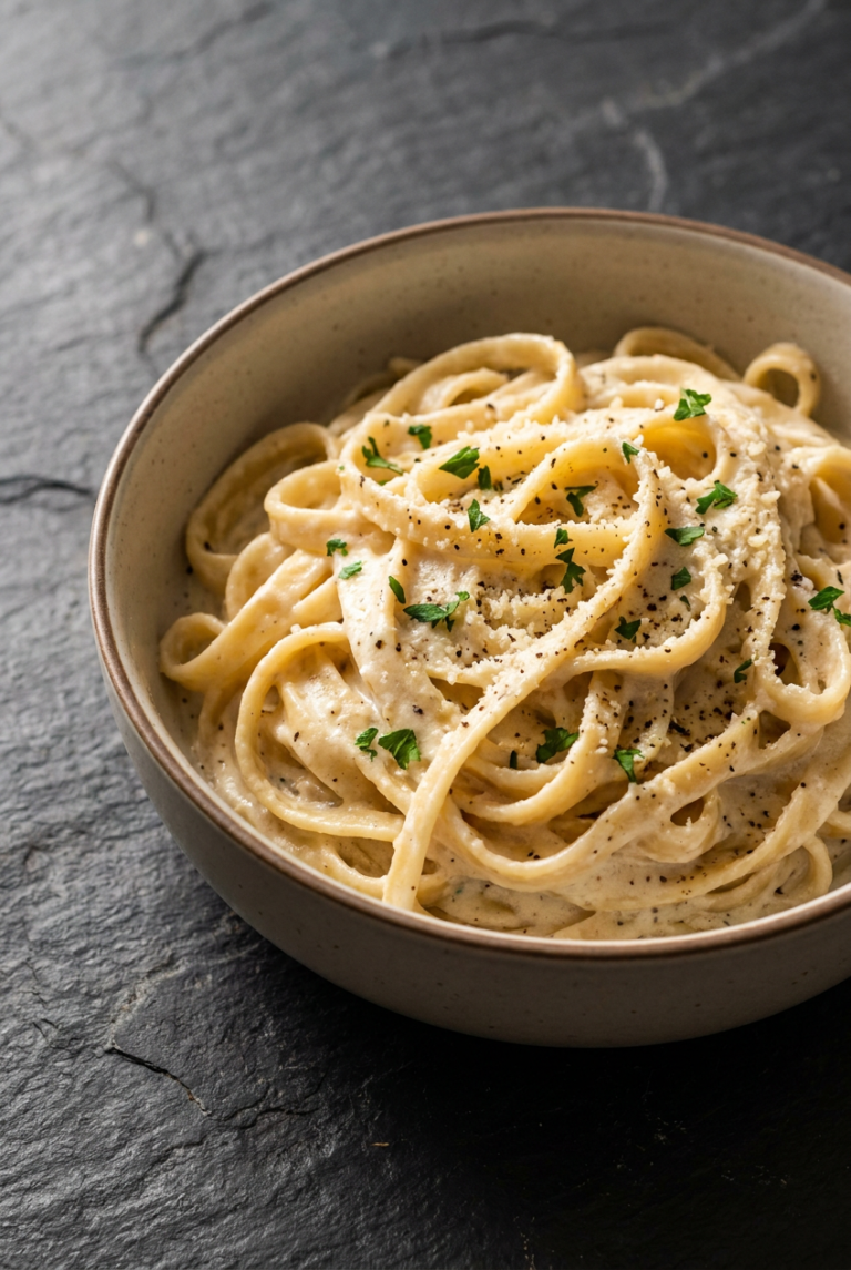 keto fettuccine alfredo with homemade almond flour pasta recipe - Keto Fettuccine Alfredo with Homemade Almond Flour Pasta served in a white bowl overhead view