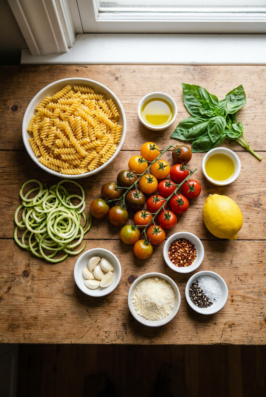 ingredients for Lemon Basil Zucchini Pasta with Burst Cherry Tomatoes