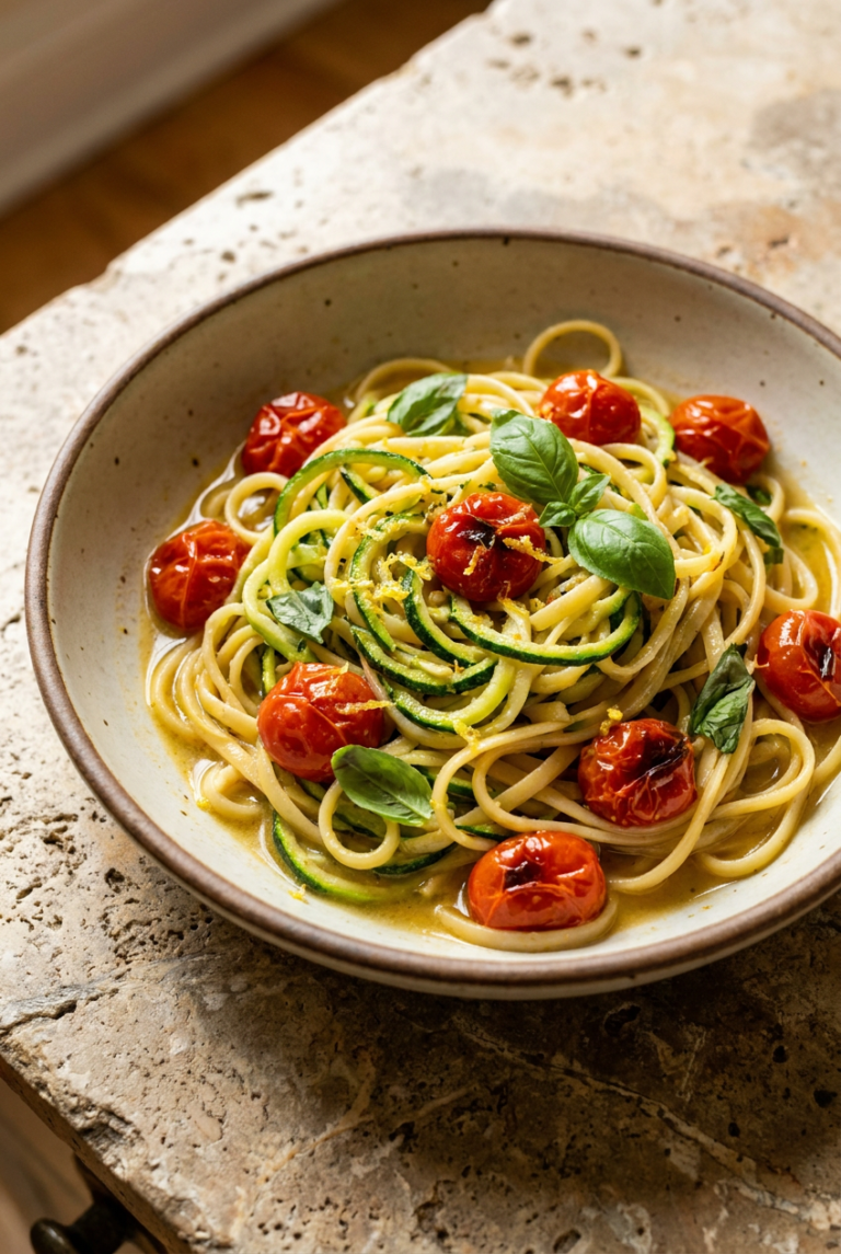lemon basil zucchini pasta with burst cherry tomatoes recipe - Lemon Basil Zucchini Pasta with Burst Cherry Tomatoes served in a white bowl overhead view