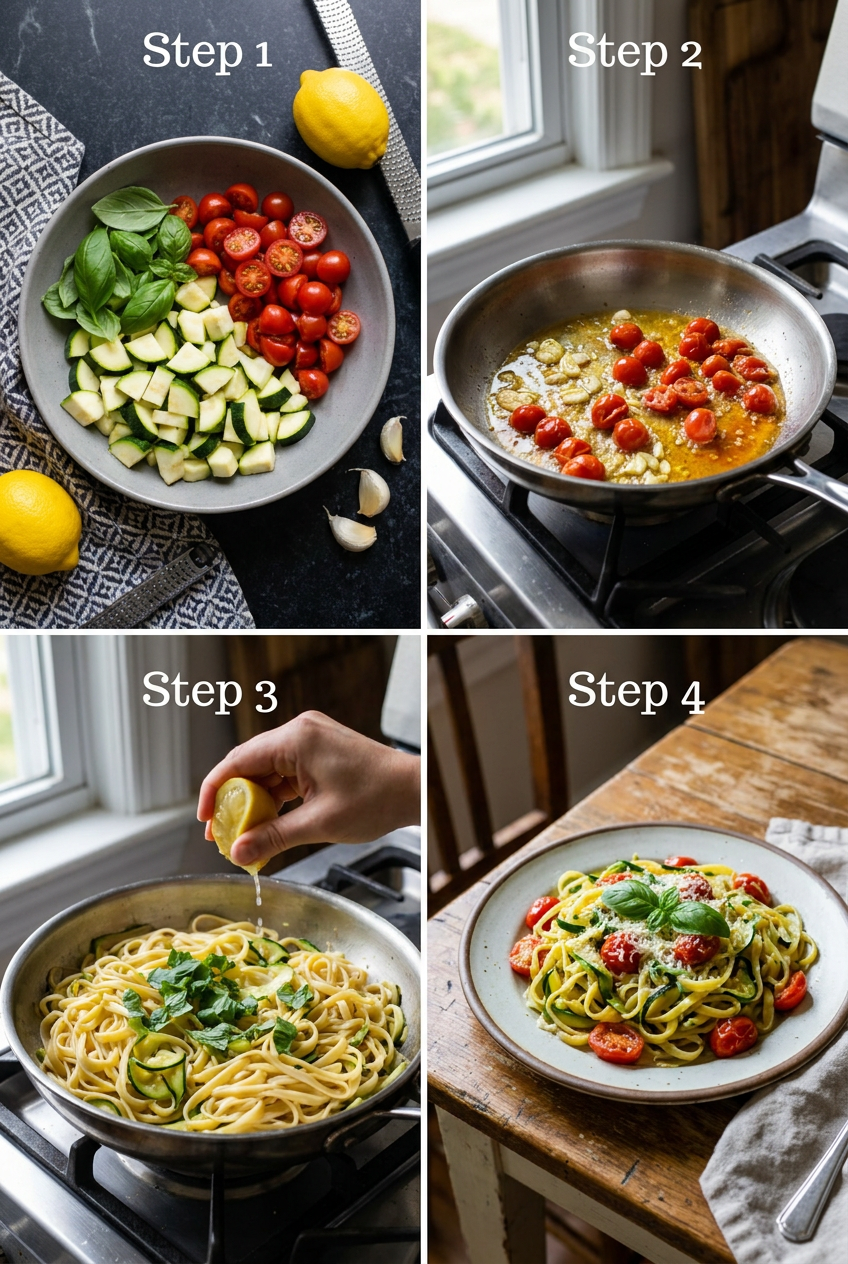 how to make Lemon Basil Zucchini Pasta with Burst Cherry Tomatoes step by step