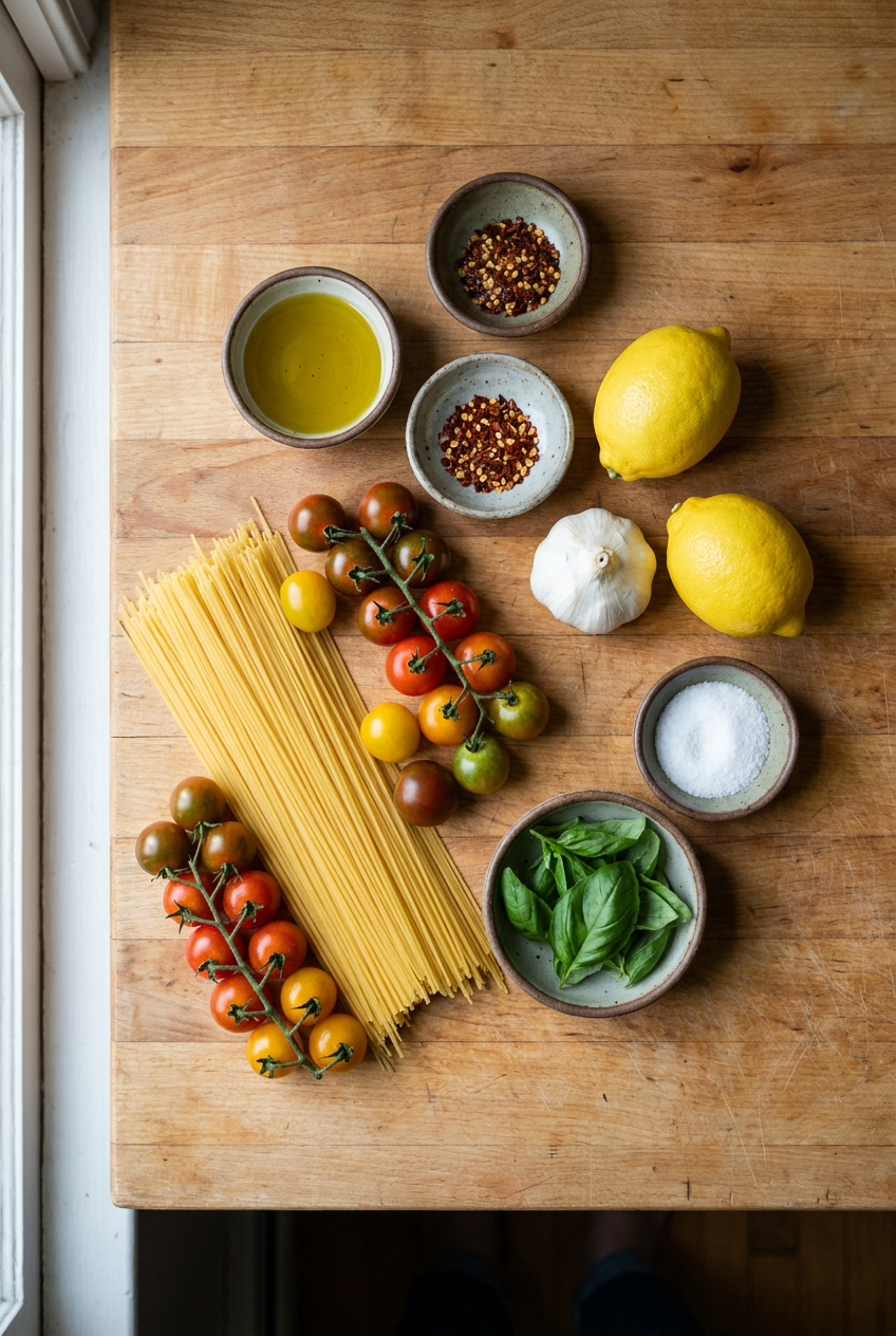 ingredients for Lemon Garlic Capellini with Burst Cherry Tomatoes