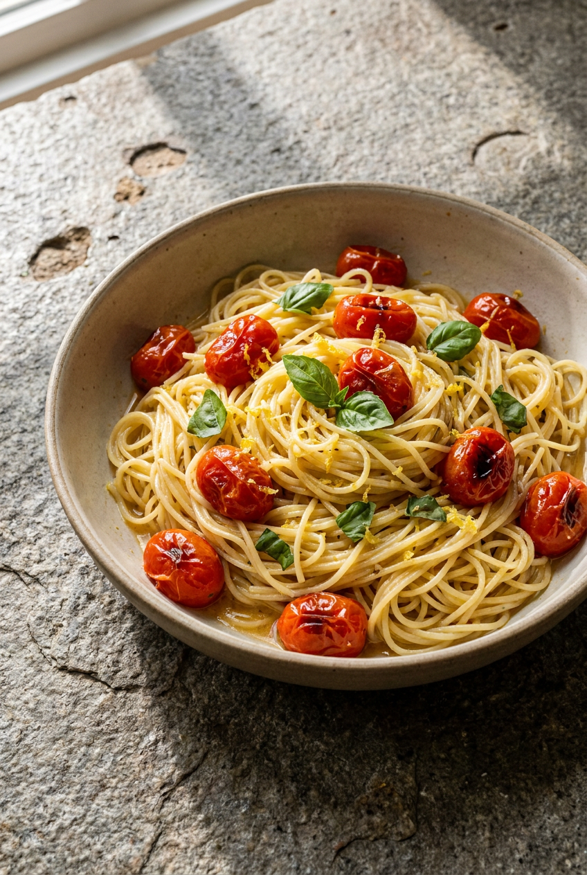 lemon garlic capellini with burst cherry tomatoes recipe - Lemon Garlic Capellini with Burst Cherry Tomatoes served in a white bowl overhead view
