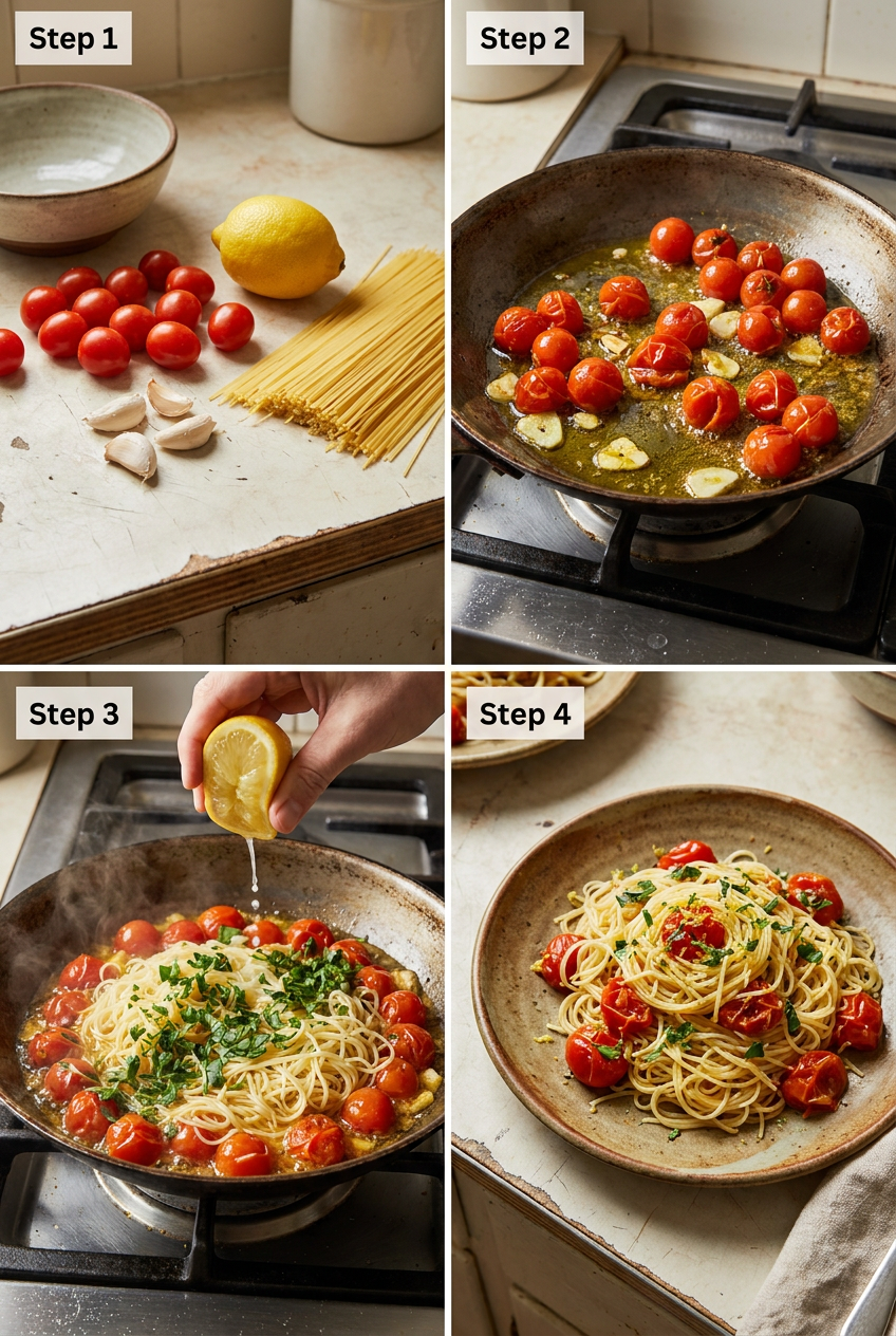 how to make Lemon Garlic Capellini with Burst Cherry Tomatoes step by step