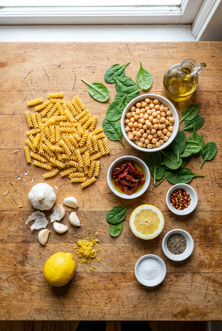 ingredients for Lemon Garlic Chickpea Pasta with Spinach and Sun Dried Tomatoes