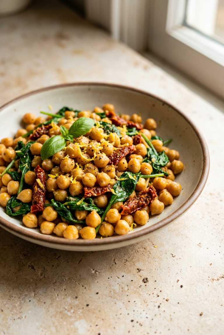 lemon garlic chickpea pasta with spinach and sun-dried tomatoes recipe - Lemon Garlic Chickpea Pasta with Spinach and Sun-Dried Tomatoes served in a white bowl overhead view