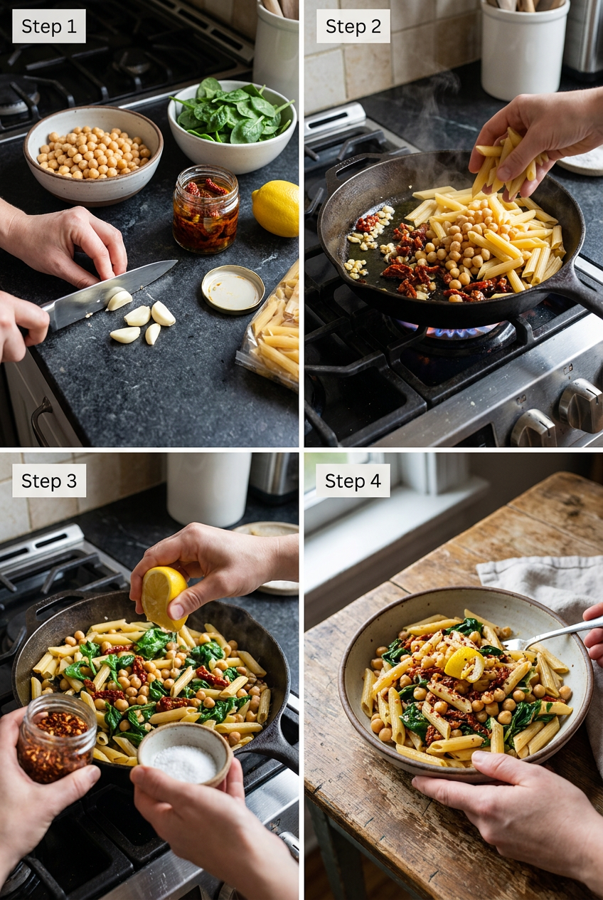 how to make Lemon Garlic Chickpea Pasta with Spinach and Sun Dried Tomatoes step by step