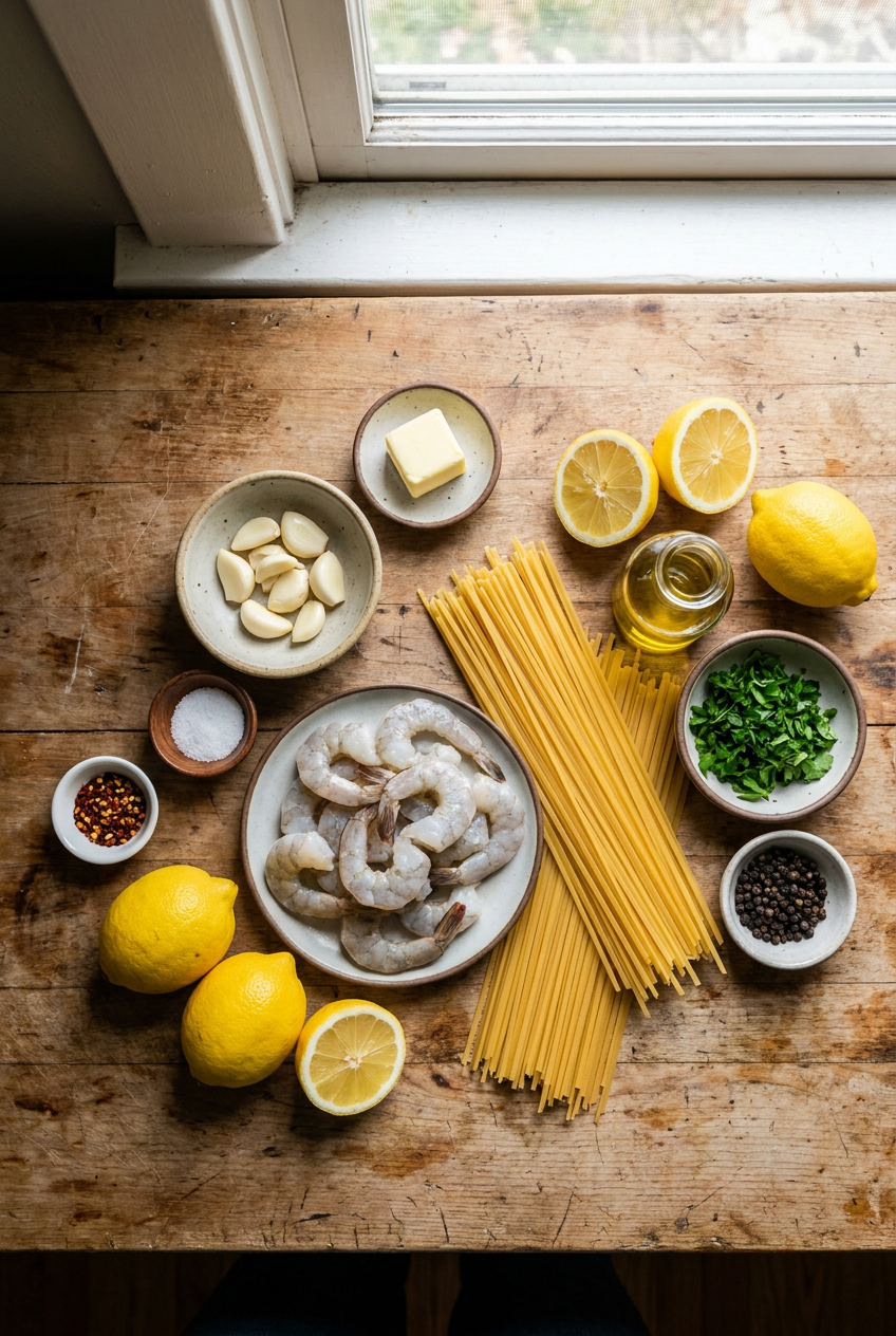 ingredients for Lemon Garlic Shrimp Linguine