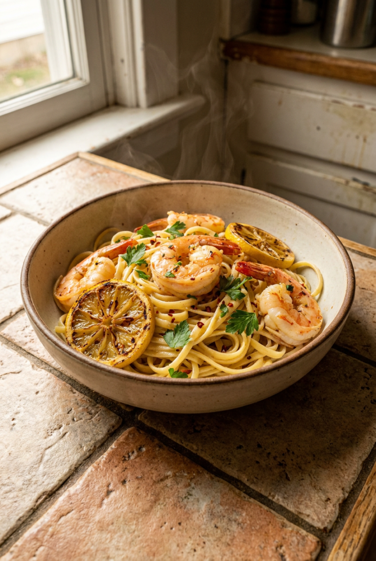 lemon garlic shrimp linguine recipe - Lemon Garlic Shrimp Linguine served in a white bowl overhead view