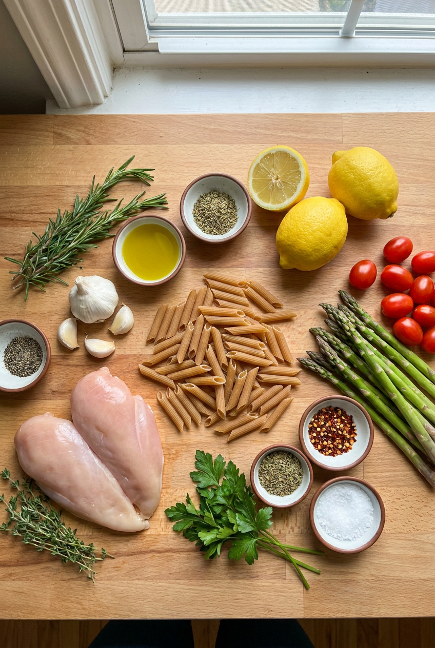 ingredients for Lemon-Herb Chicken & Veggie Whole Wheat Pasta