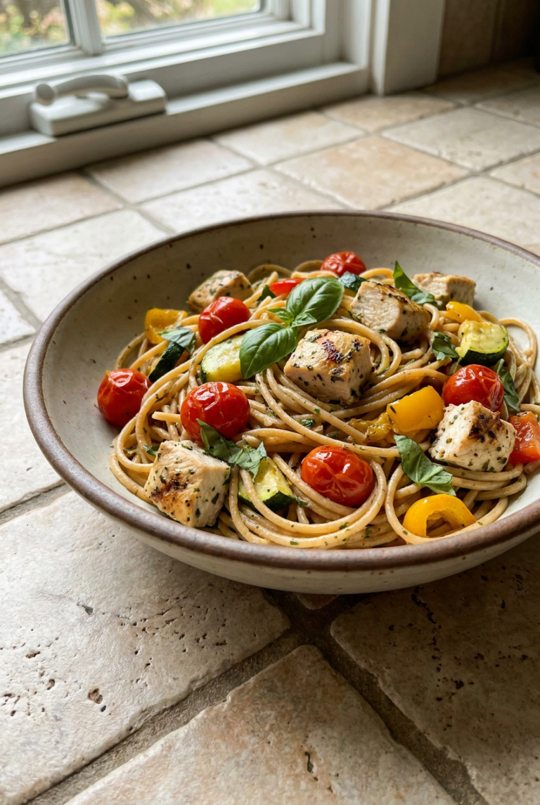 lemon-herb chicken & veggie whole wheat pasta recipe - Lemon-Herb Chicken & Veggie Whole Wheat Pasta served in a white bowl overhead view