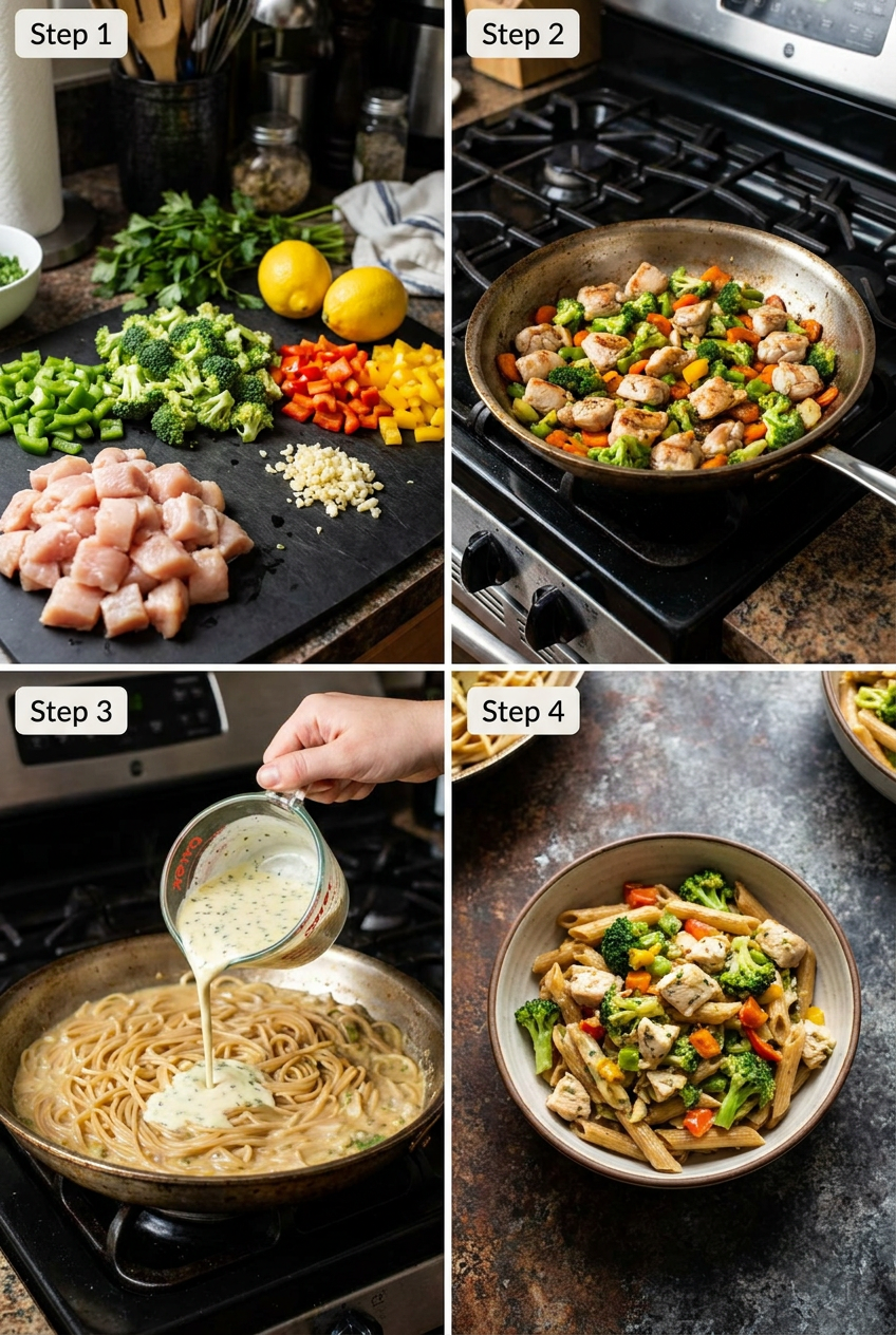 how to make Lemon-Herb Chicken & Veggie Whole Wheat Pasta step by step