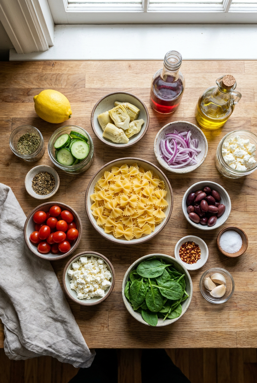 ingredients for Mediterranean Healthy Pasta Salad