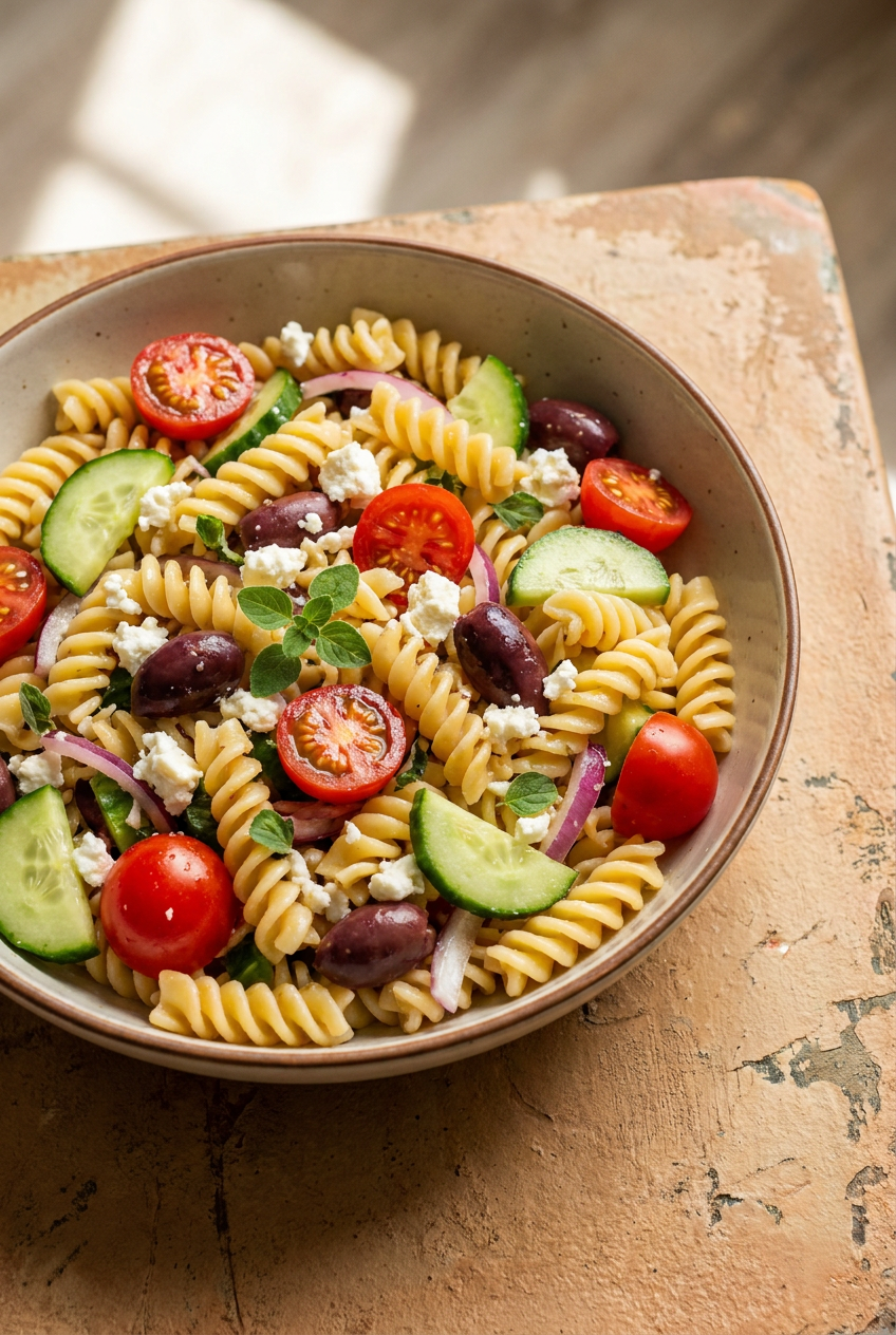 mediterranean healthy pasta salad recipe - Mediterranean Healthy Pasta Salad served in a white bowl overhead view