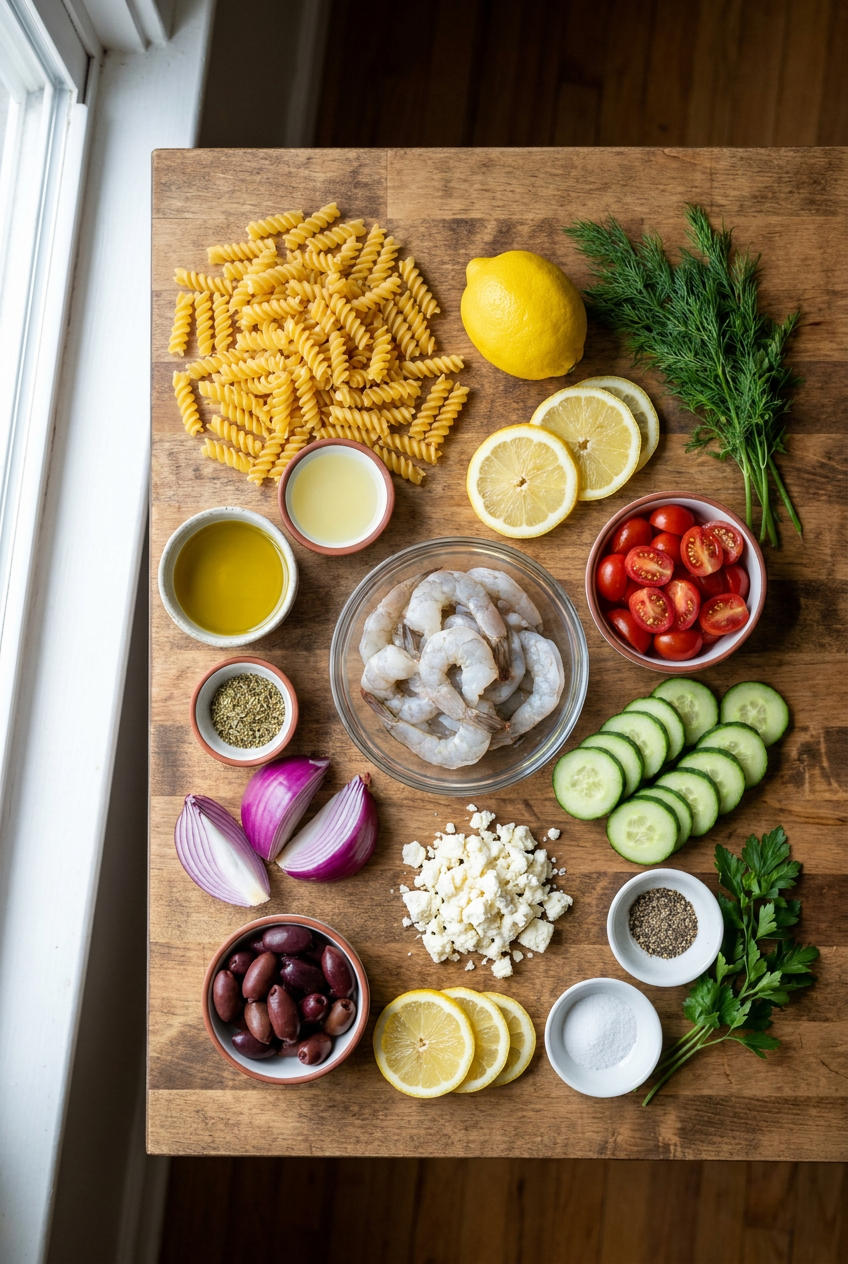 ingredients for Mediterranean Lemon Herb Shrimp Pasta Salad