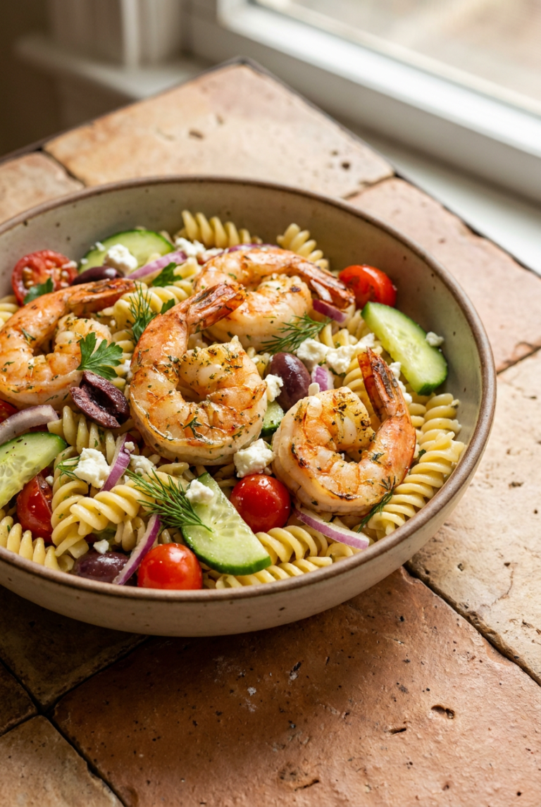 mediterranean lemon herb shrimp pasta salad recipe - Mediterranean Lemon Herb Shrimp Pasta Salad served in a white bowl overhead view