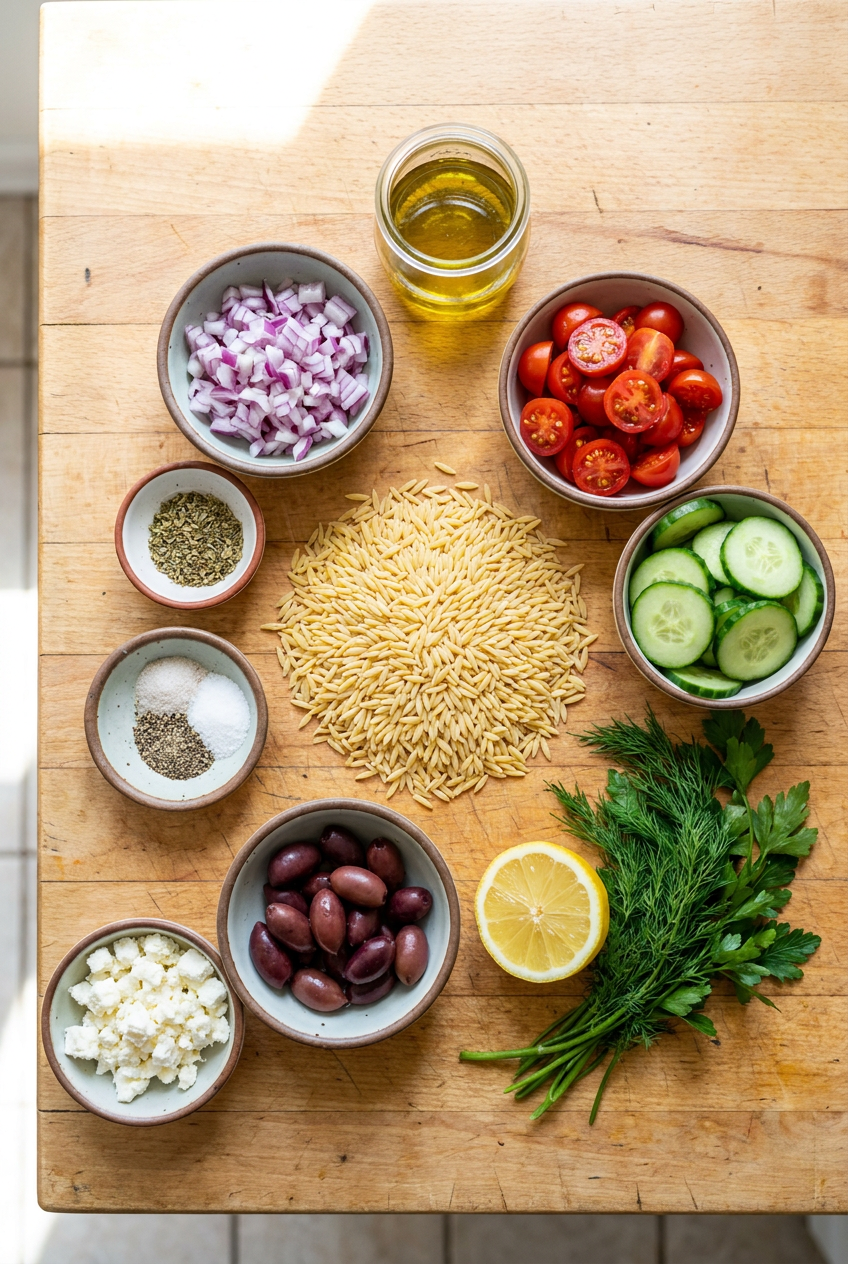 ingredients for Mediterranean Orzo Pasta Salad
