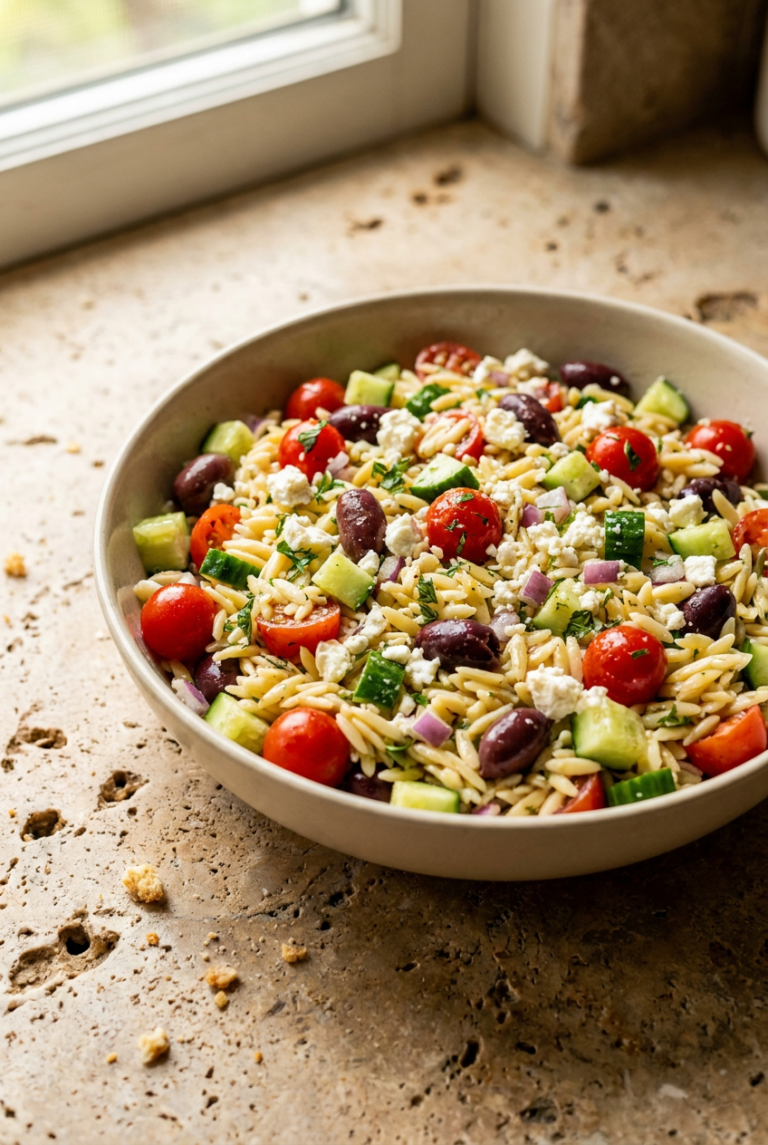 mediterranean orzo pasta salad recipe - Mediterranean Orzo Pasta Salad served in a white bowl overhead view