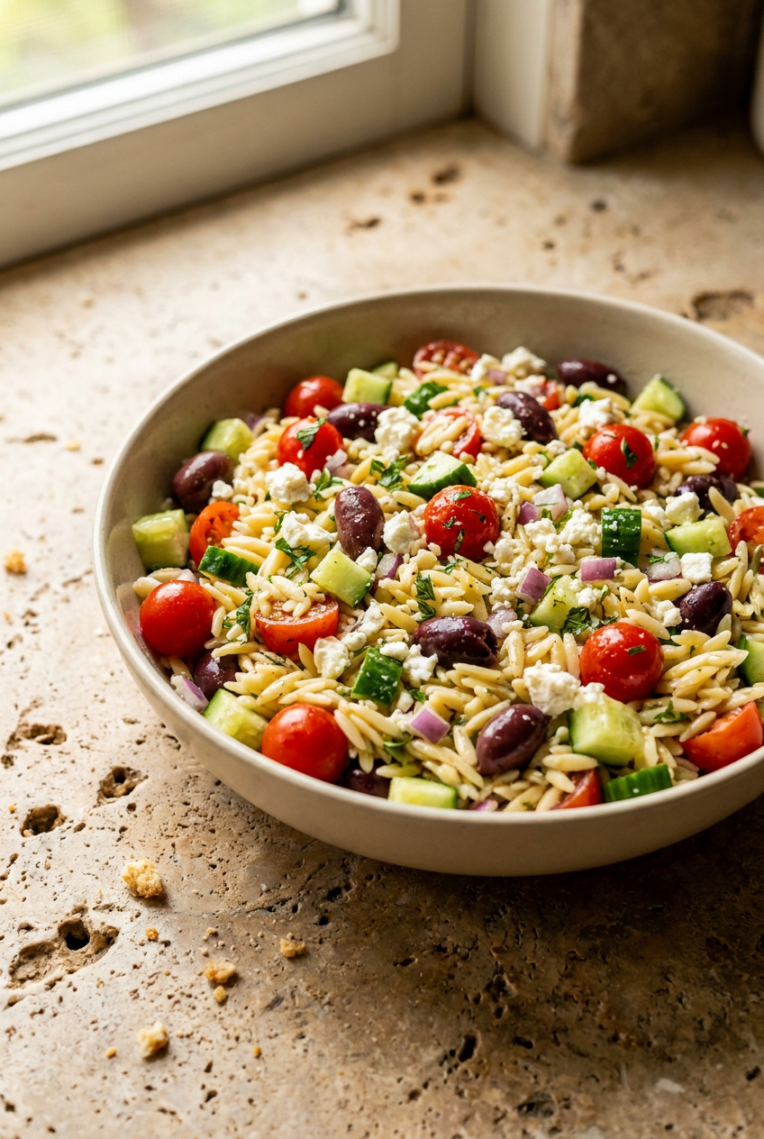 mediterranean orzo pasta salad recipe - Mediterranean Orzo Pasta Salad served in a white bowl overhead view