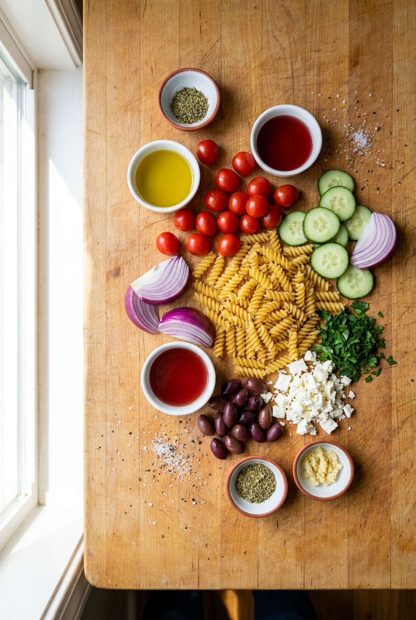 ingredients for Mediterranean Rotini Pasta Salad